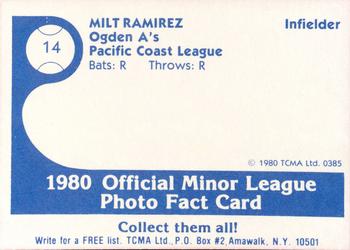 1980 TCMA Ogden A's #14 Milt Ramirez Back