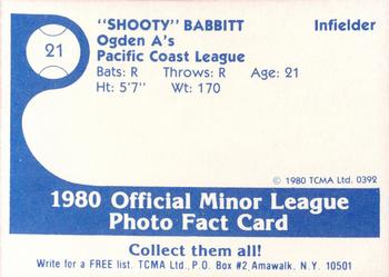 1980 TCMA Ogden A's #21 Shooty Babitt Back