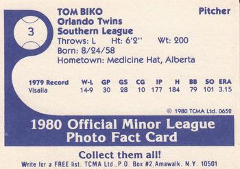 1980 TCMA Orlando Twins #3 Tom Biko Back