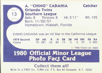 1980 TCMA Orlando Twins #13 Chino Cadahia Back
