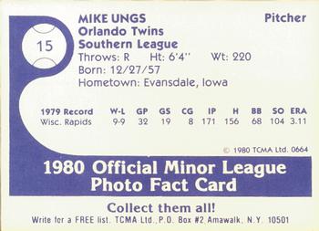1980 TCMA Orlando Twins #15 Mike Ungs Back