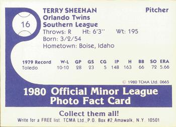1980 TCMA Orlando Twins #16 Terry Sheehan Back