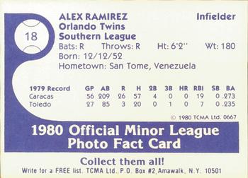 1980 TCMA Orlando Twins #18 Alex Ramirez Back