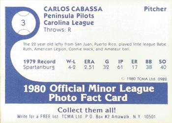 1980 TCMA Peninsula Pilots Color #3 Carlos Cabassa Back
