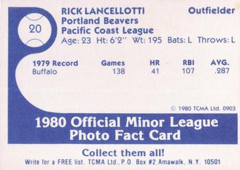 1980 TCMA Portland Beavers #20 Rick Lancellotti Back
