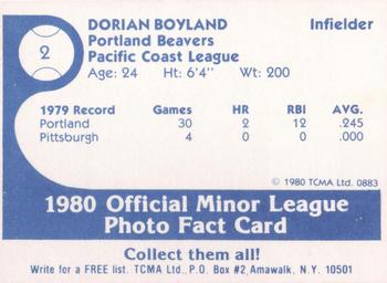 1980 TCMA Portland Beavers #2 Dorian Boyland Back