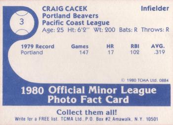 1980 TCMA Portland Beavers #3 Craig Cacek Back