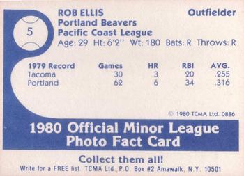 1980 TCMA Portland Beavers #5 Rob Ellis Back