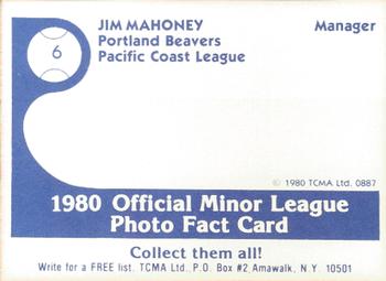 1980 TCMA Portland Beavers #6 Jim Mahoney Back
