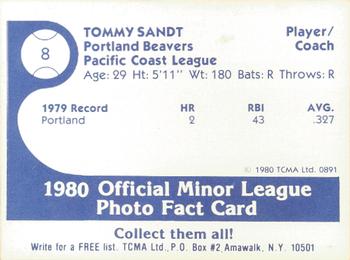 1980 TCMA Portland Beavers #8 Tommy Sandt Back