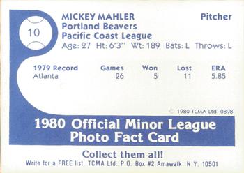 1980 TCMA Portland Beavers #10 Mickey Mahler Back