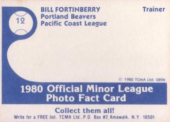 1980 TCMA Portland Beavers #12 Bill Fortinberry Back