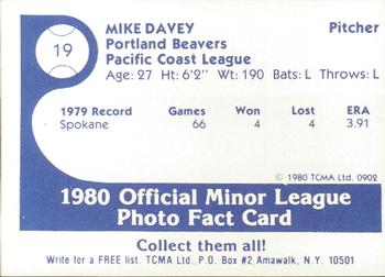 1980 TCMA Portland Beavers #19 Mike Davey Back