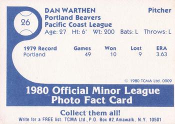 1980 TCMA Portland Beavers #26 Dan Warthen Back