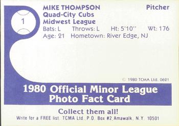 1980 TCMA Quad City Cubs #1 Mike Thompson Back