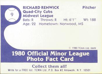 1980 TCMA Quad City Cubs #9 Richard Renwick Back