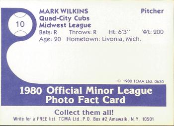 1980 TCMA Quad City Cubs #10 Mark Wilkins Back