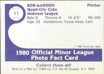 1980 TCMA Quad City Cubs #11 Bob Madden Back