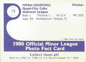 1980 TCMA Quad City Cubs #12 Norm Churchill Back