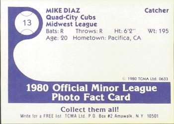 1980 TCMA Quad City Cubs #13 Mike Diaz Back