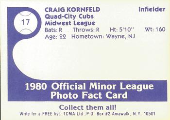 1980 TCMA Quad City Cubs #17 Craig Kornfeld Back