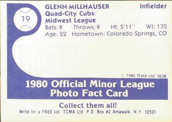 1980 TCMA Quad City Cubs #19 Glenn Millhauser Back