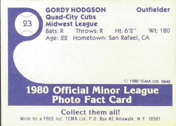 1980 TCMA Quad City Cubs #23 Gordy Hodgson Back