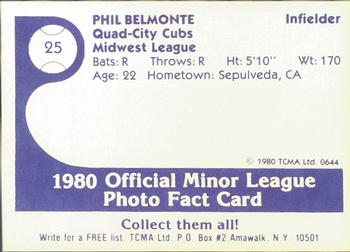 1980 TCMA Quad City Cubs #25 Phil Belmonte Back