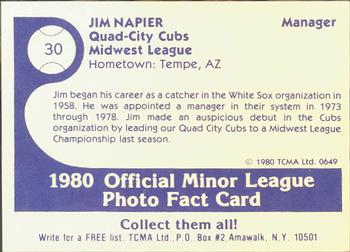 1980 TCMA Quad City Cubs #30 Jim Napier Back