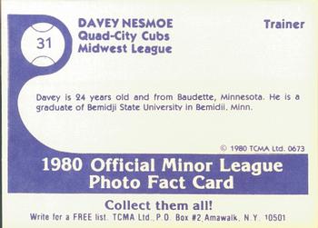 1980 TCMA Quad City Cubs #31 Davey Nesmoe Back