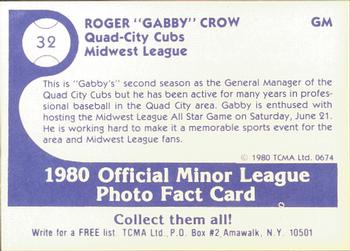 1980 TCMA Quad City Cubs #32 Roger Crow Back