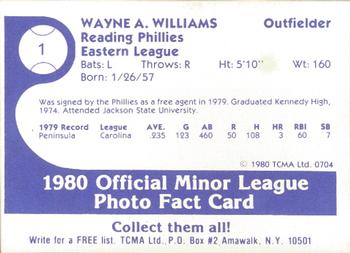 1980 TCMA Reading Phillies #1 Wayne Williams Back