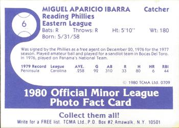 1980 TCMA Reading Phillies #6 Miguel Ibarra Back