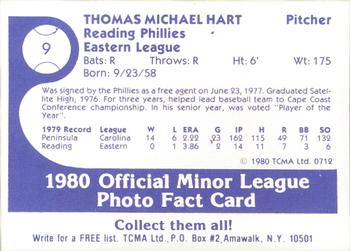 1980 TCMA Reading Phillies #9 Tommy Hart Back