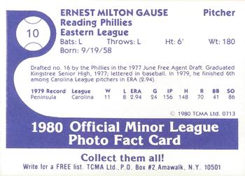 1980 TCMA Reading Phillies #10 Ernie Gause Back
