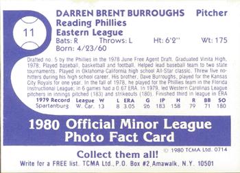 1980 TCMA Reading Phillies #11 Darren Burroughs Back