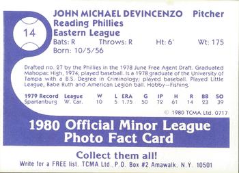 1980 TCMA Reading Phillies #14 John DeVincenzo Back