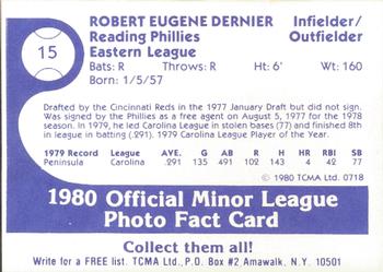 1980 TCMA Reading Phillies #15 Bob Dernier Back