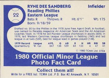 1980 TCMA Reading Phillies #22 Ryne Sandberg Back