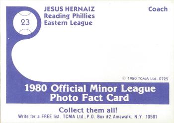 1980 TCMA Reading Phillies #23 Jesus Hernaiz Back