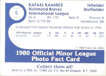 1980 TCMA Richmond Braves #2 Rafael Ramirez Back