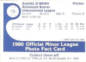 1980 TCMA Richmond Braves #10 Danny O'Brien Back