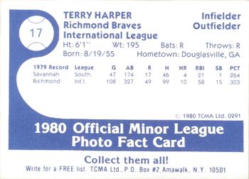 1980 TCMA Richmond Braves #17 Terry Harper Back