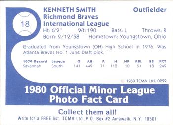 1980 TCMA Richmond Braves #18 Ken Smith Back