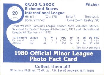 1980 TCMA Richmond Braves #20 Craig Skok Back