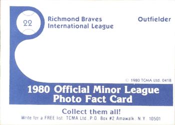 1980 TCMA Richmond Braves #22 Eddie Miller Back