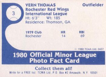 1980 TCMA Rochester Red Wings #3 Vern Thomas Back