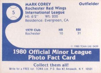 1980 TCMA Rochester Red Wings #5 Mark Corey Back