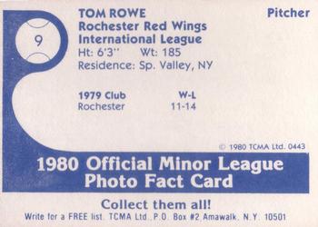 1980 TCMA Rochester Red Wings #9 Tom Rowe Back