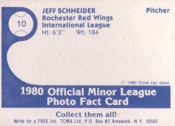 1980 TCMA Rochester Red Wings #10 Jeff Schneider Back